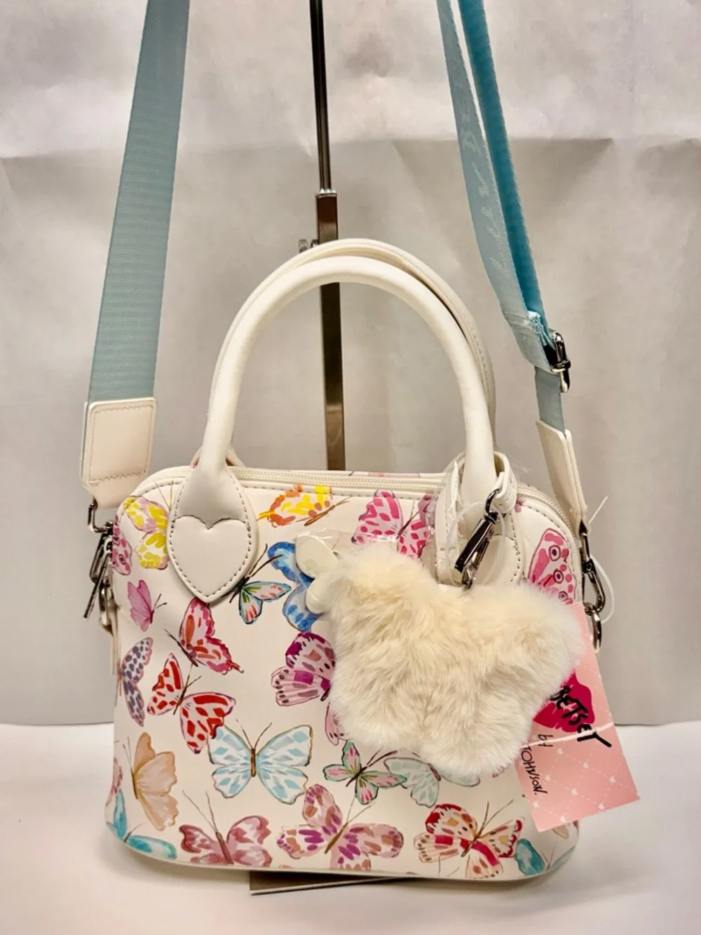 Betsey Johnson White Butterfly Print Satchel Bag with Heart Charm NWT